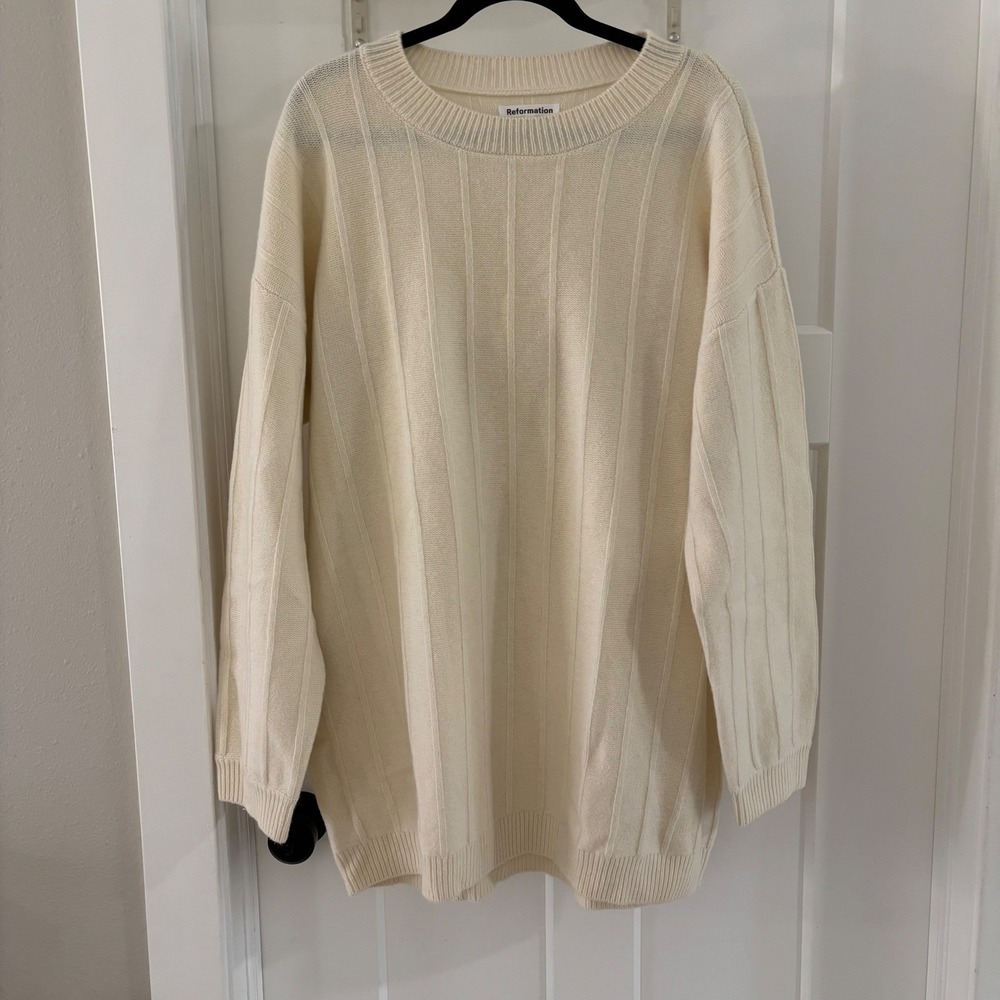 Reformation Harriet Oversized Ribbed Merino Wool Sweater Dress Cream Large L‎